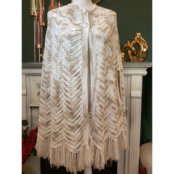 Jackets & Blazers - Vintage Boho Crochet Cape Poncho Fringe Chevron Cream Tan Button Front